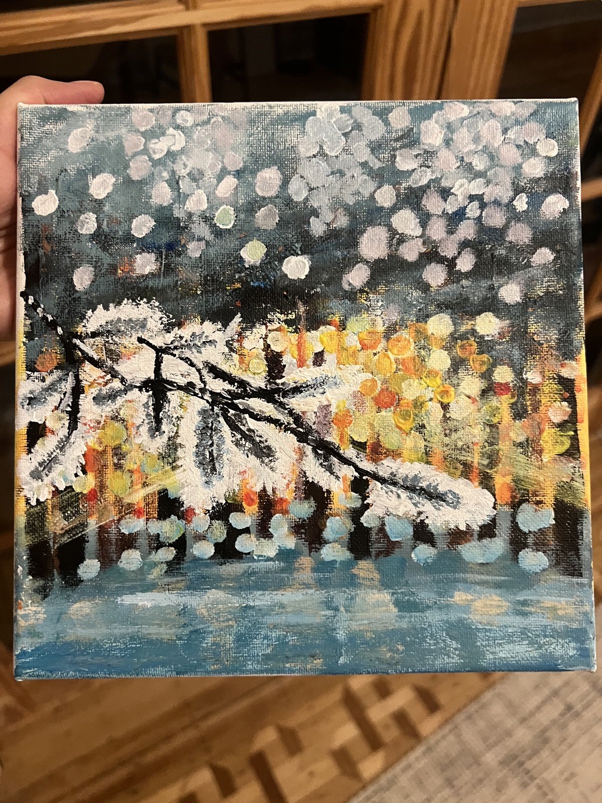 Painting: First snow, city lights