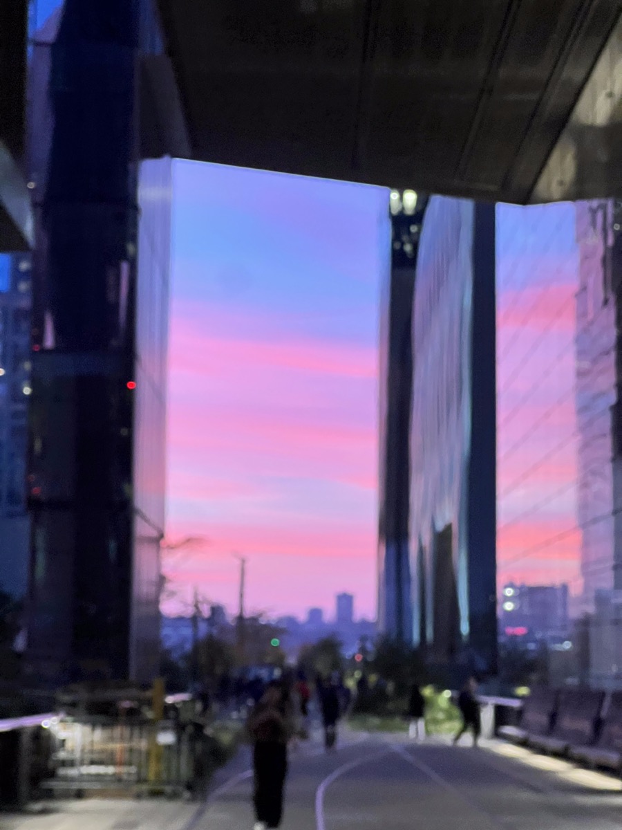 Pink and purple sunset between buildings
